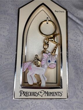 Precious Moments White and Pink Unicorn Keychain with Gold Hardware